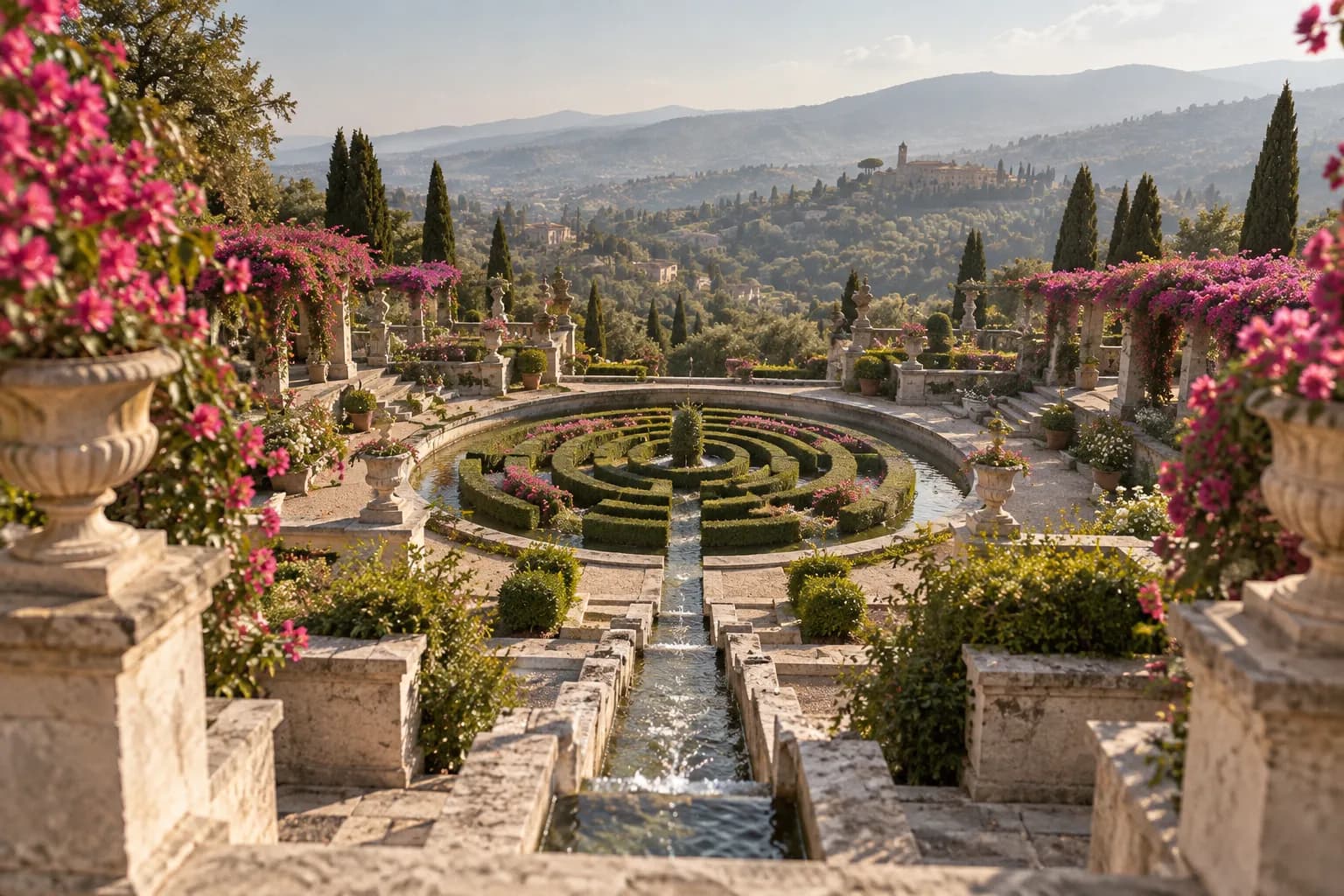 A formal garden with a circular hedge maze in a pool below a terrace