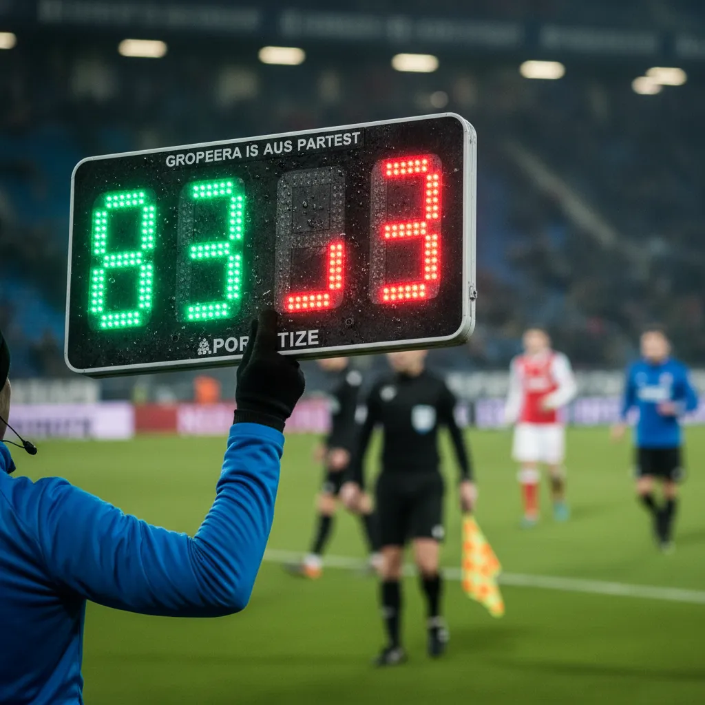 A substitution board glows green and red as a tactical change is signaled from the bench