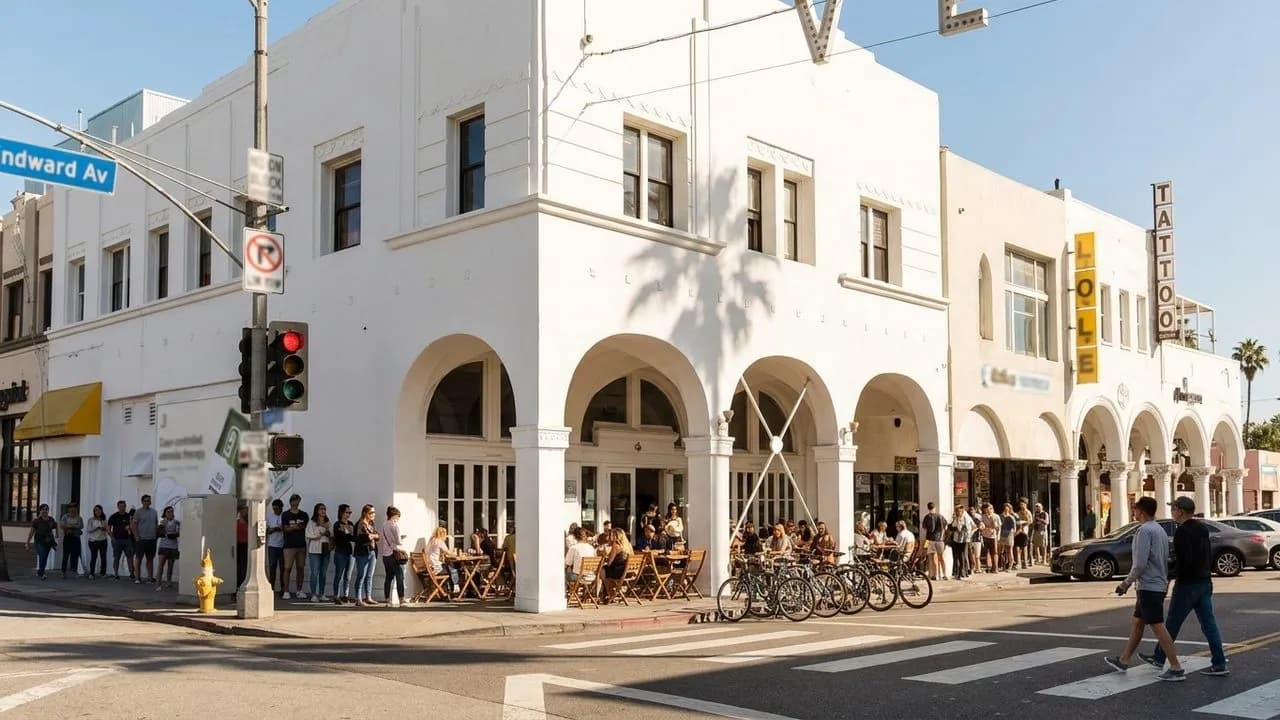 Morning exterior of Great White in Venice with a short brunch line and patio seating