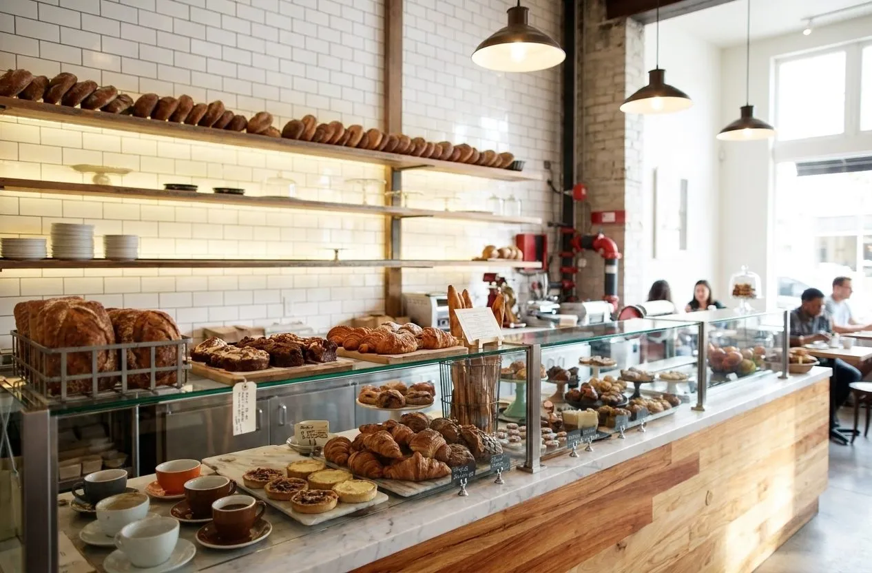 Bakery counter and pastry case inside République during breakfast
