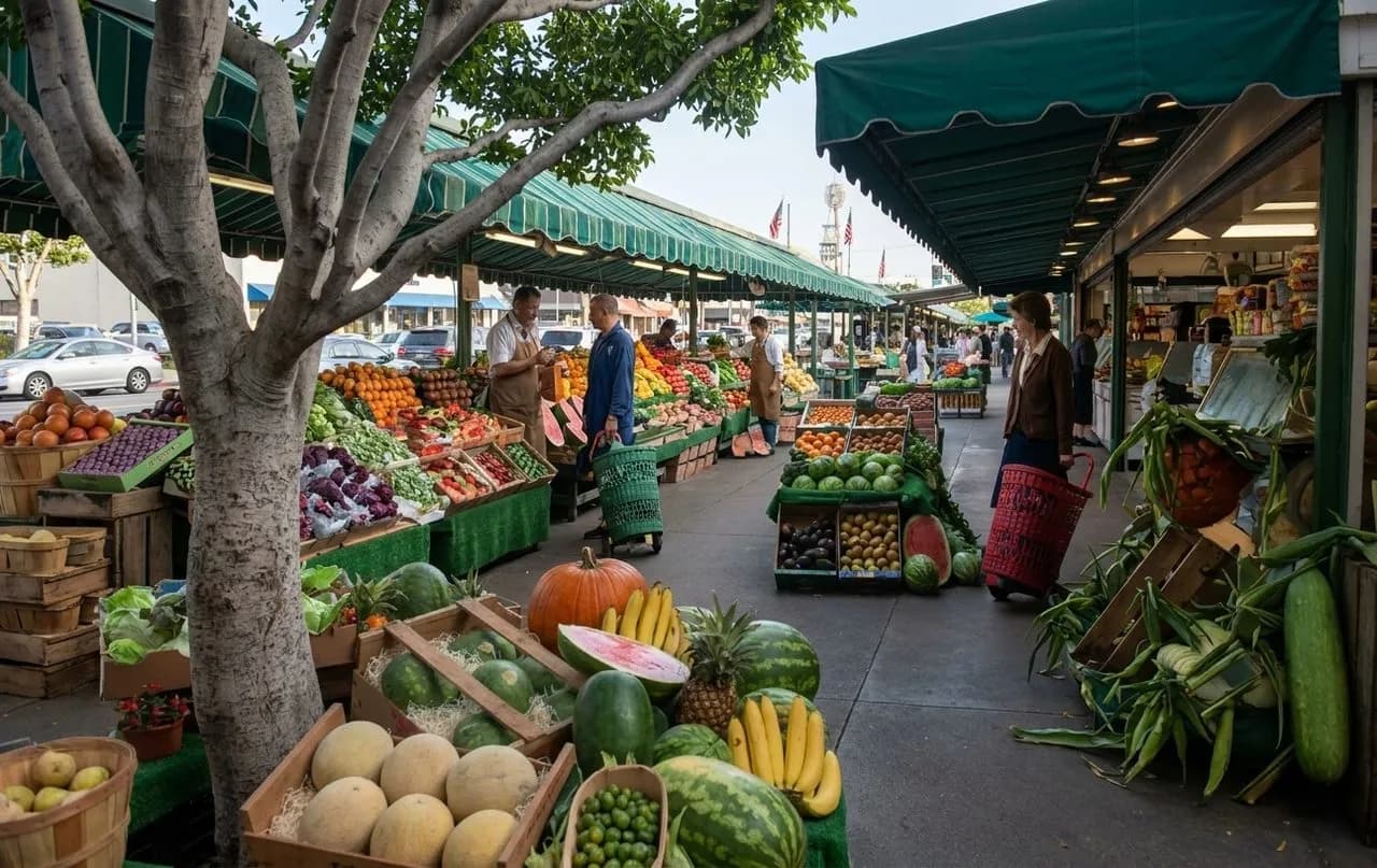 The lively entrance and arcade at Original Farmers Market