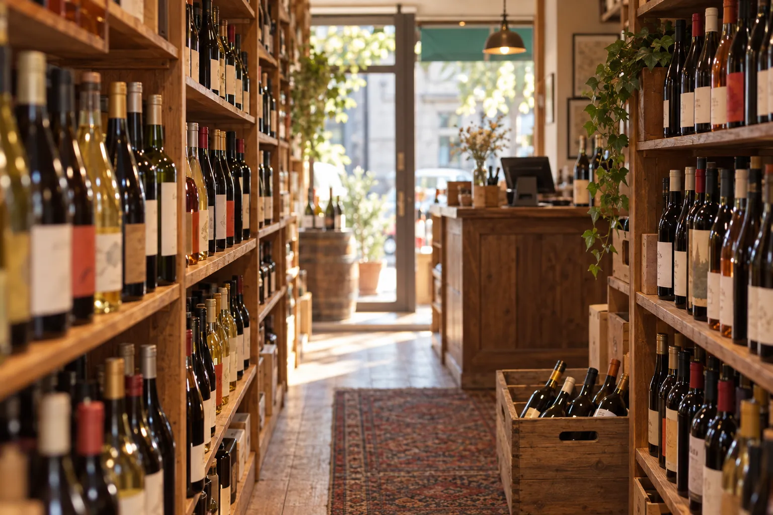Shelves of wine bottles in a small independent shop