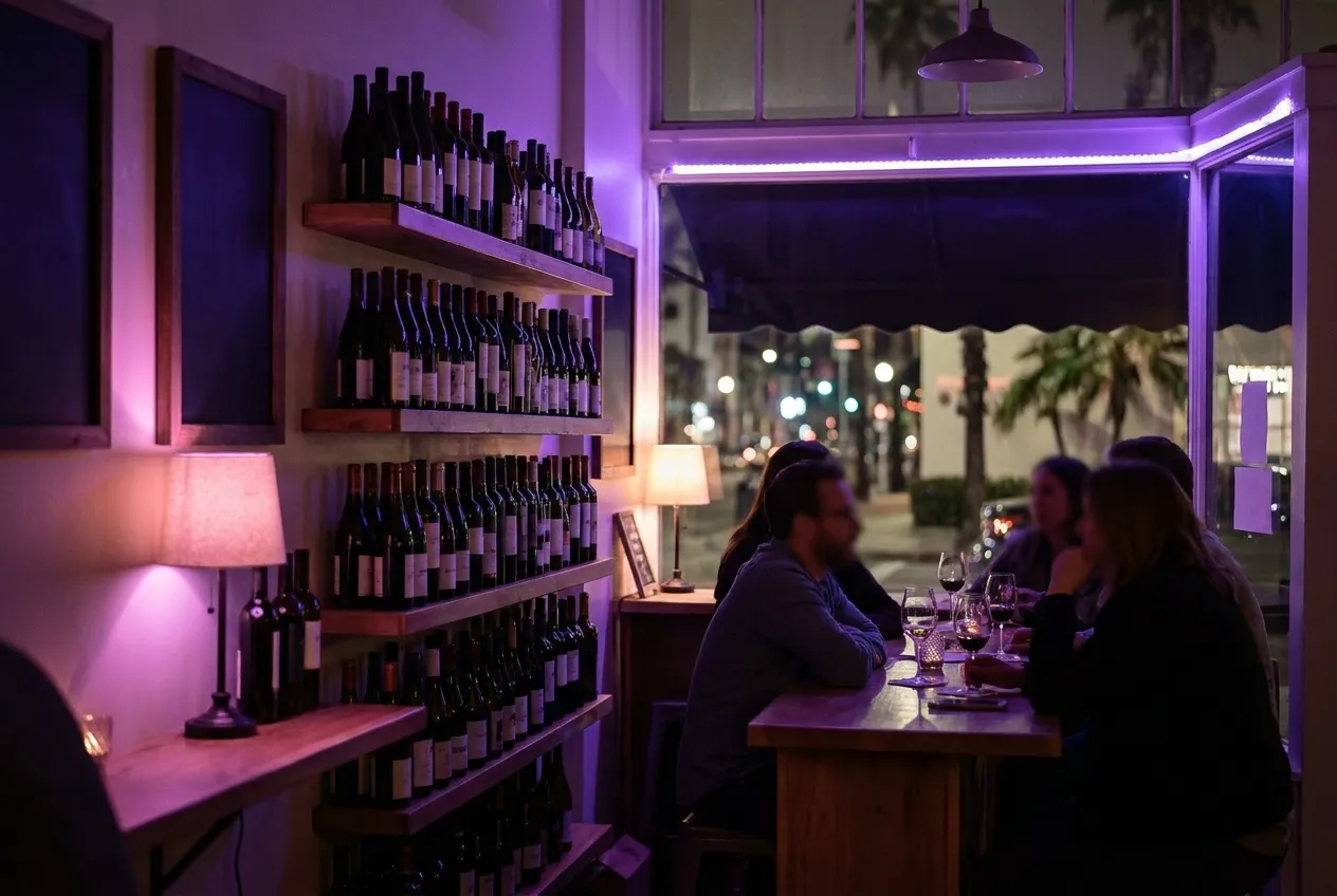 A narrow wine bar in the evening, bottles on shelves and a short counter