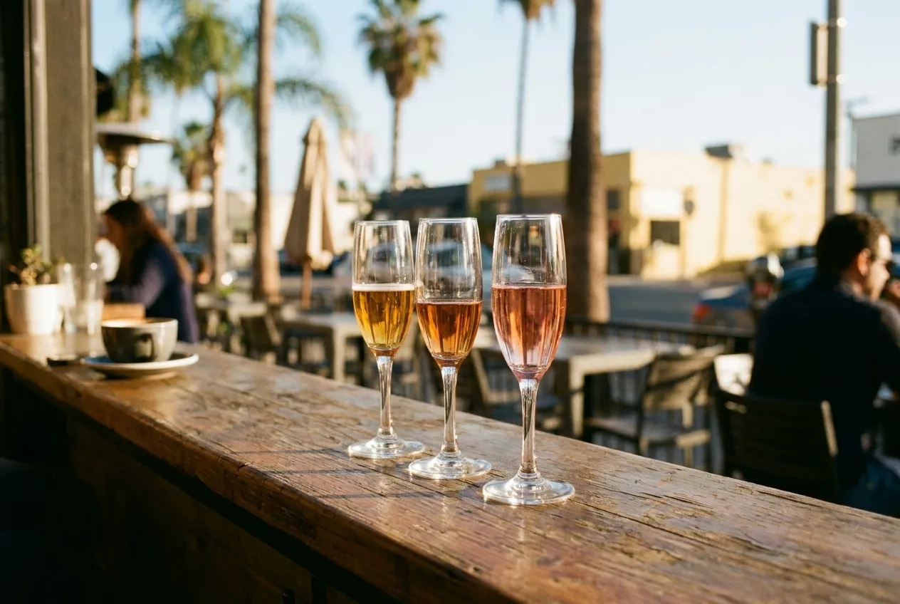 A short row of glasses part-poured on a counter for comparison