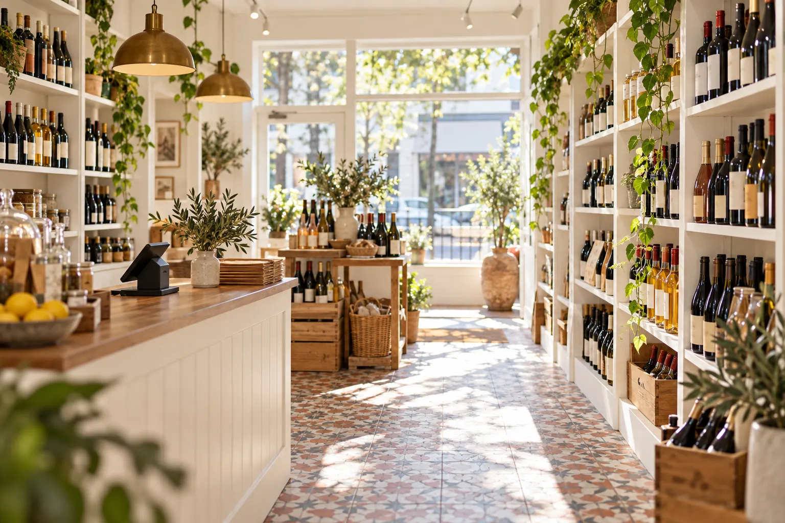 A brightly lit wine shop with bottles and plants