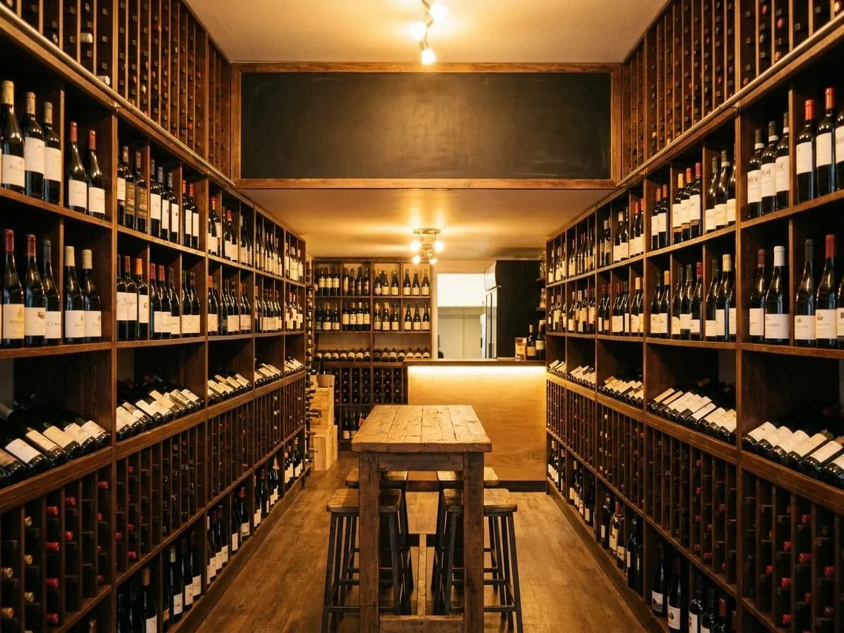 A narrow bottle shop with floor-to-ceiling wine racks down both walls and a small table with stools in the aisle