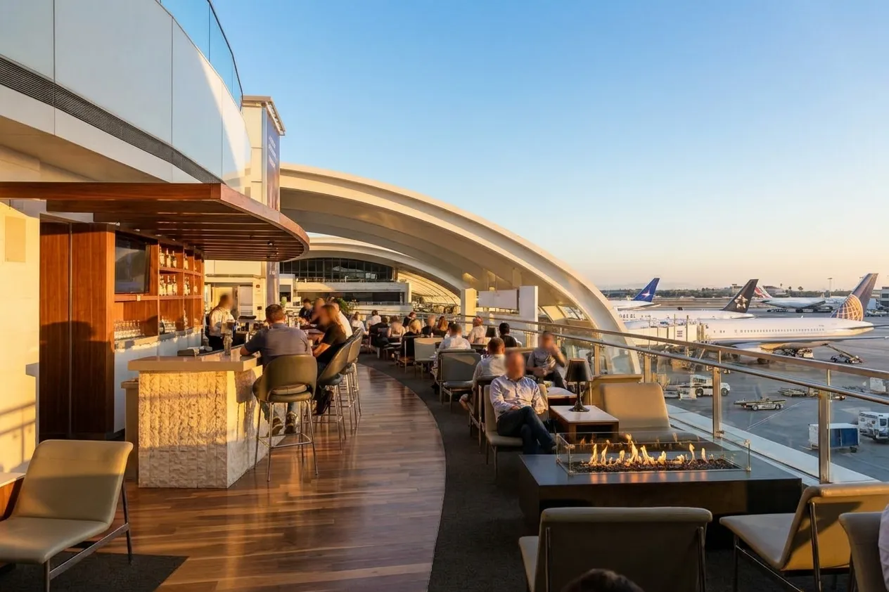 Star Alliance Lounge outdoor terrace at LAX with seating, fireplace, and views of aircraft ramp
