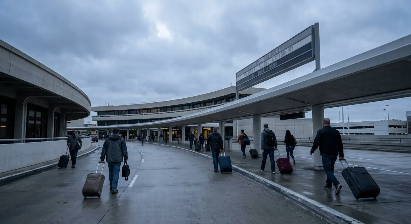 Passenger walkway leading to American Airlines Terminal 3 at Los Angeles International Airport under overcast morning sky