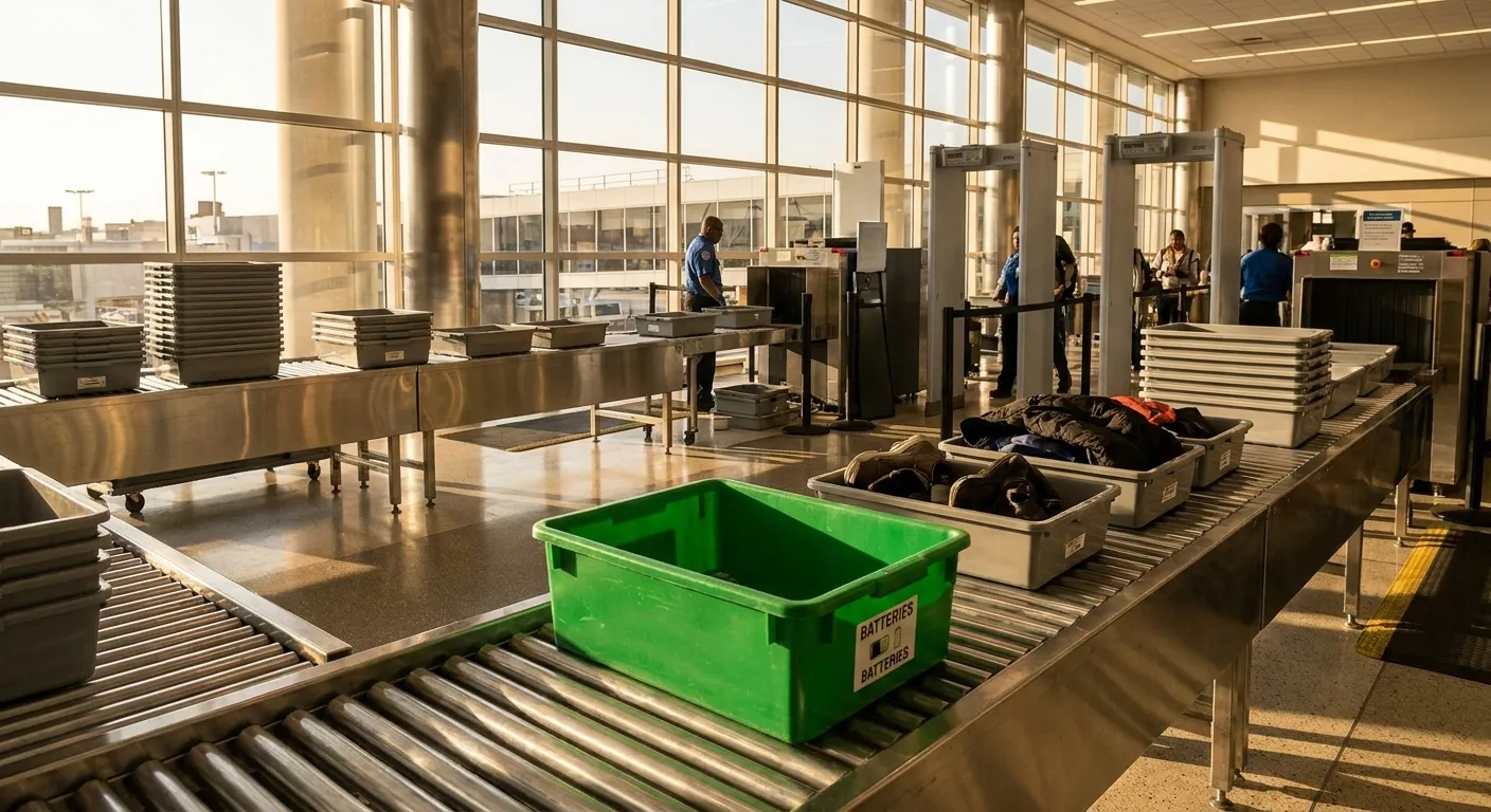 Gray plastic security bins stacked at TSA checkpoint with overhead fluorescent lighting