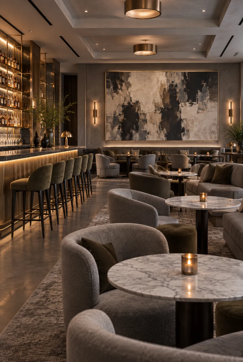 Calm contemporary restaurant lounge with low upholstered seating around small marble tables, a long bar with backlit shelving and a large abstract artwork on the far wall