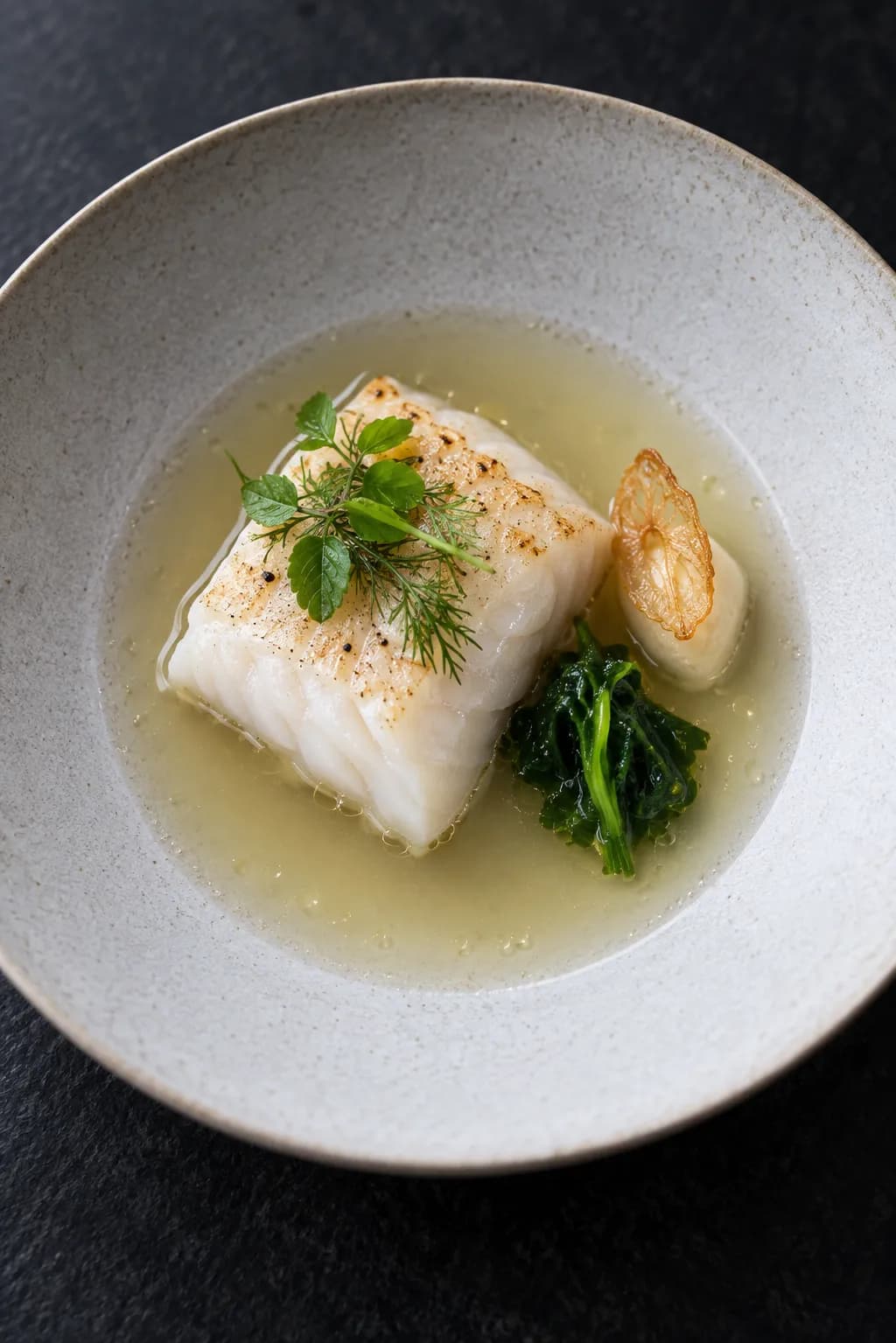 Minimal fine-dining plate with a thick fillet of white fish barely cooked through, a clear pale broth poured around it and two precise garnishes on wide matte ceramic