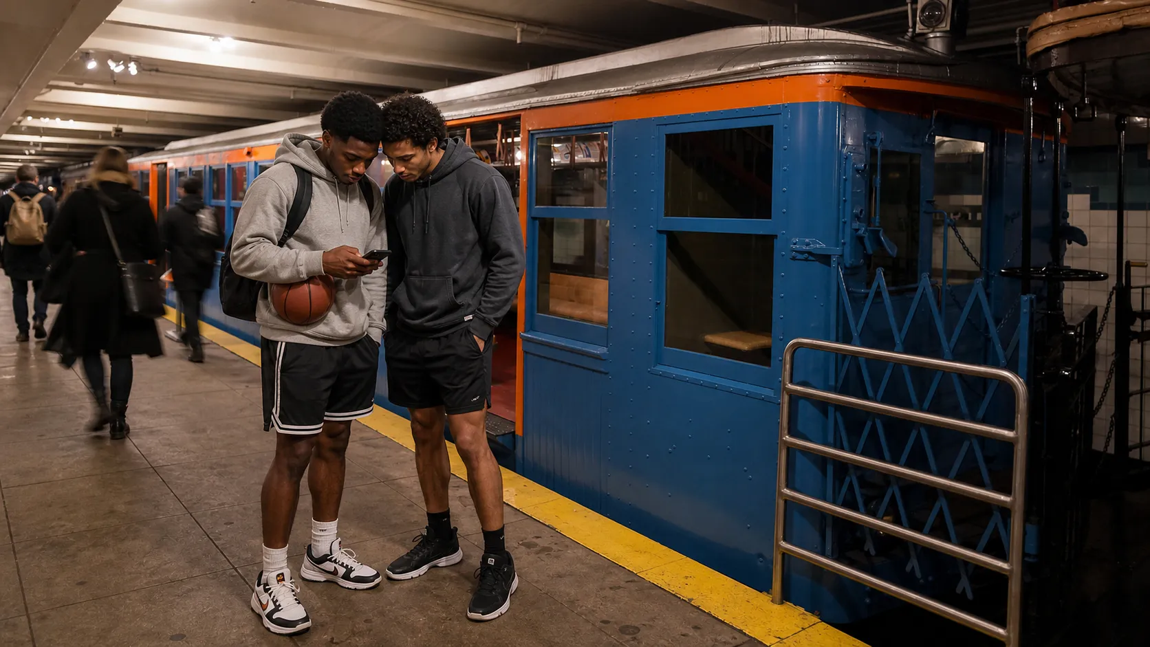 Commuters near a New York subway entrance reading sports news on a phone.