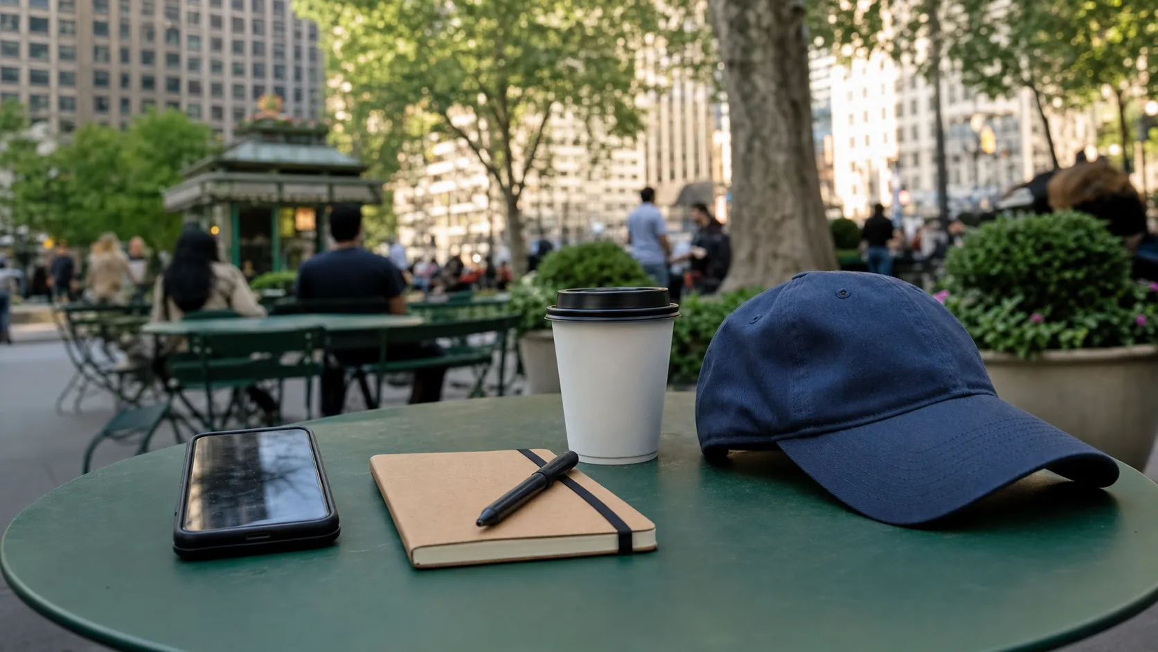 Notebook, phone, coffee and basketball cap on a public table in Midtown Manhattan.