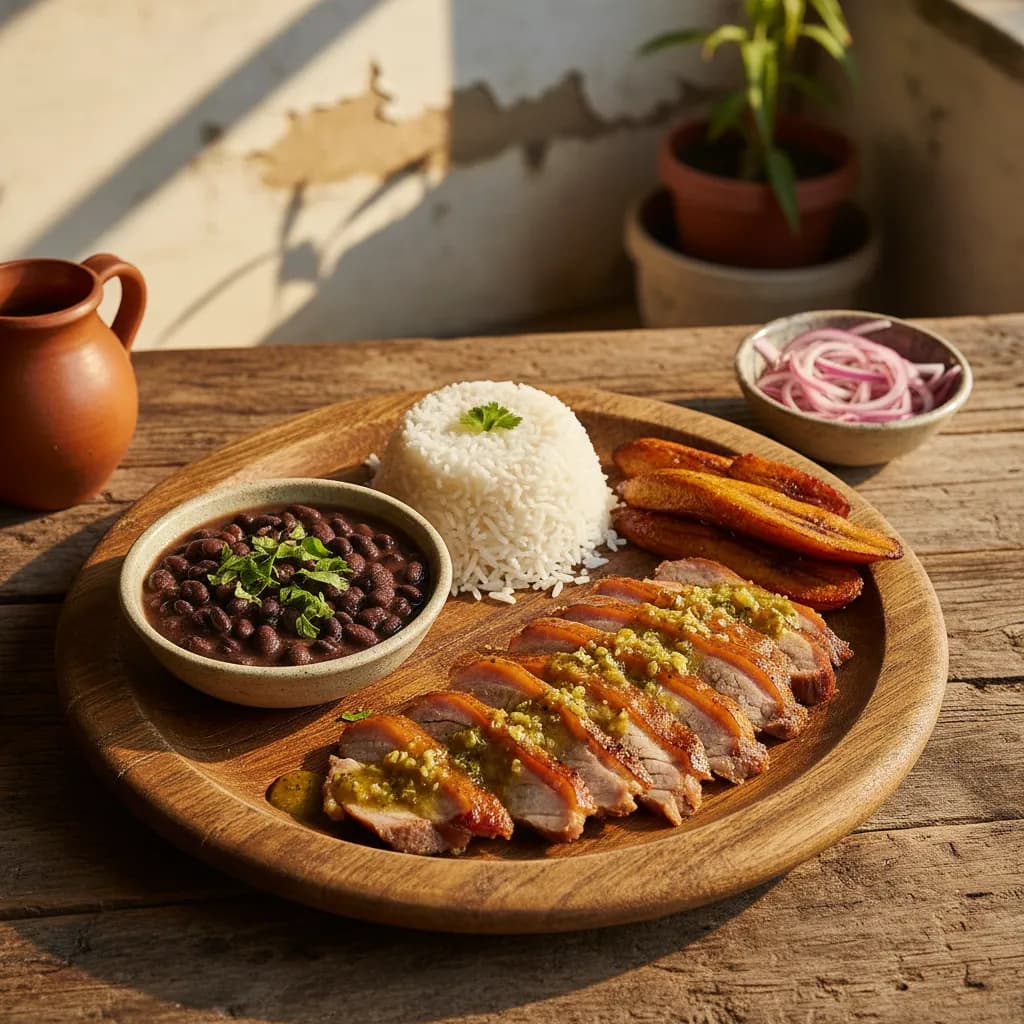 Overhead lunch plate of sliced lechón asado with white rice, black beans, and sweet plantains