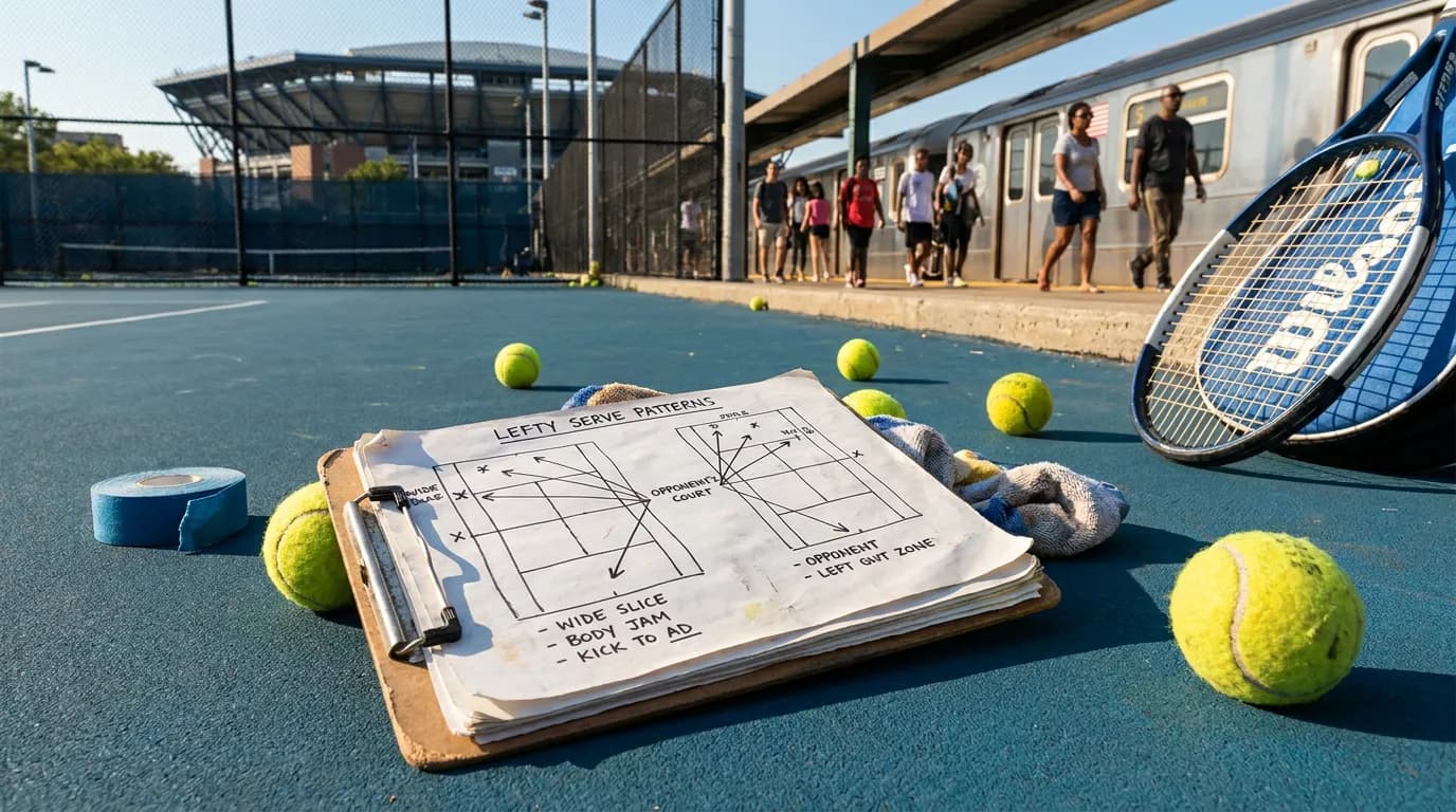 Photorealistic US Open tennis scene for Lefty Serve Patterns That Trouble US Open Opponents.