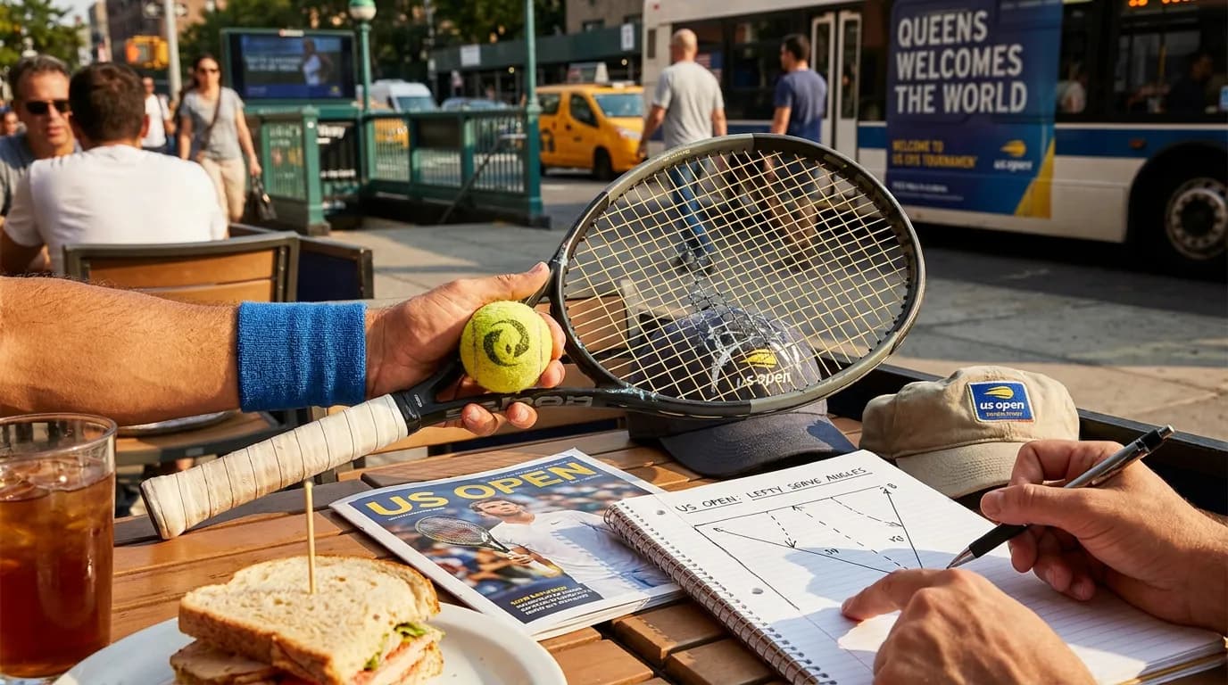 Photorealistic tennis scene illustrating Lefty Serve Patterns That Trouble US Open Opponents.