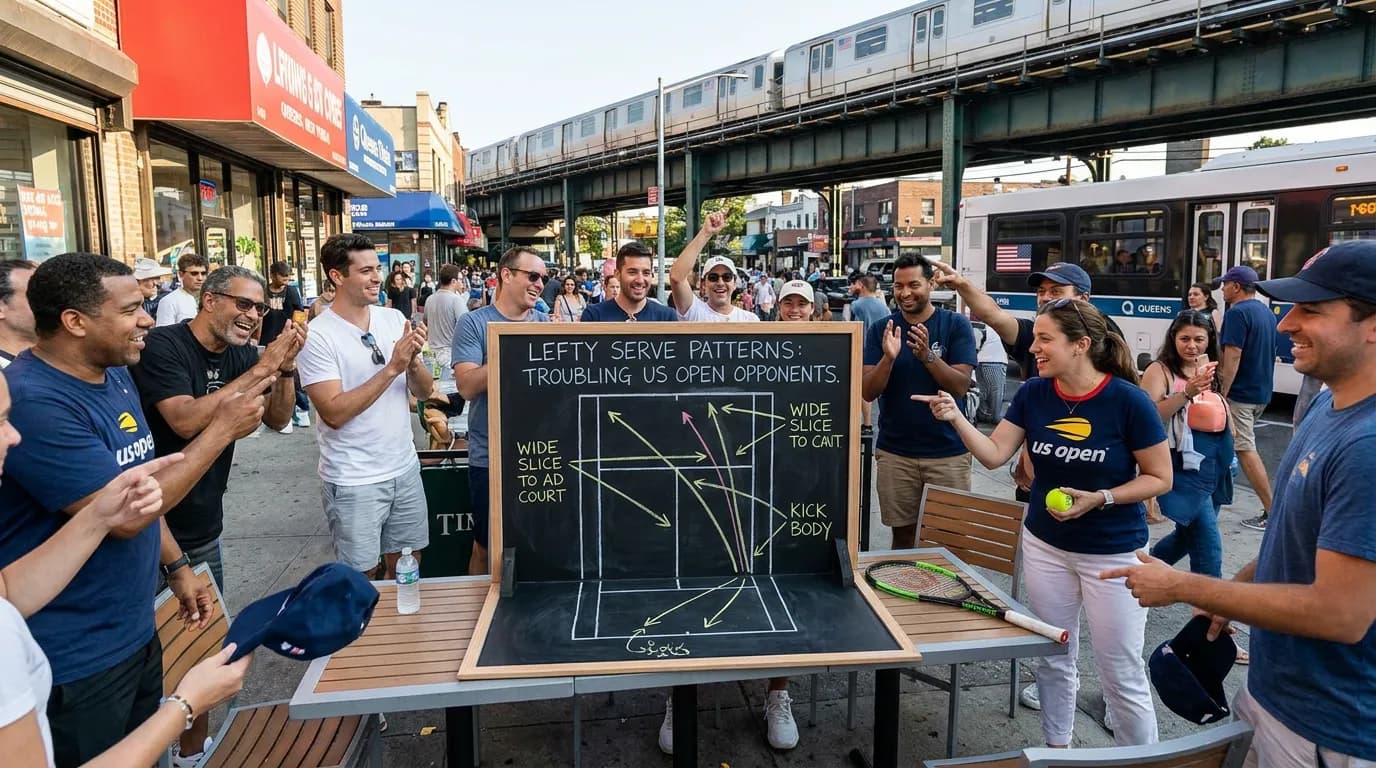 Bright US Open tennis atmosphere illustrating Lefty Serve Patterns That Trouble US Open Opponents.