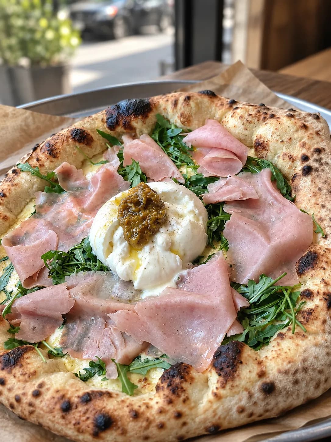 Pizza slice topped with folded thin-sliced cured ham and a torn ball of fresh white cheese added after baking, loose and glossy against a blistered base