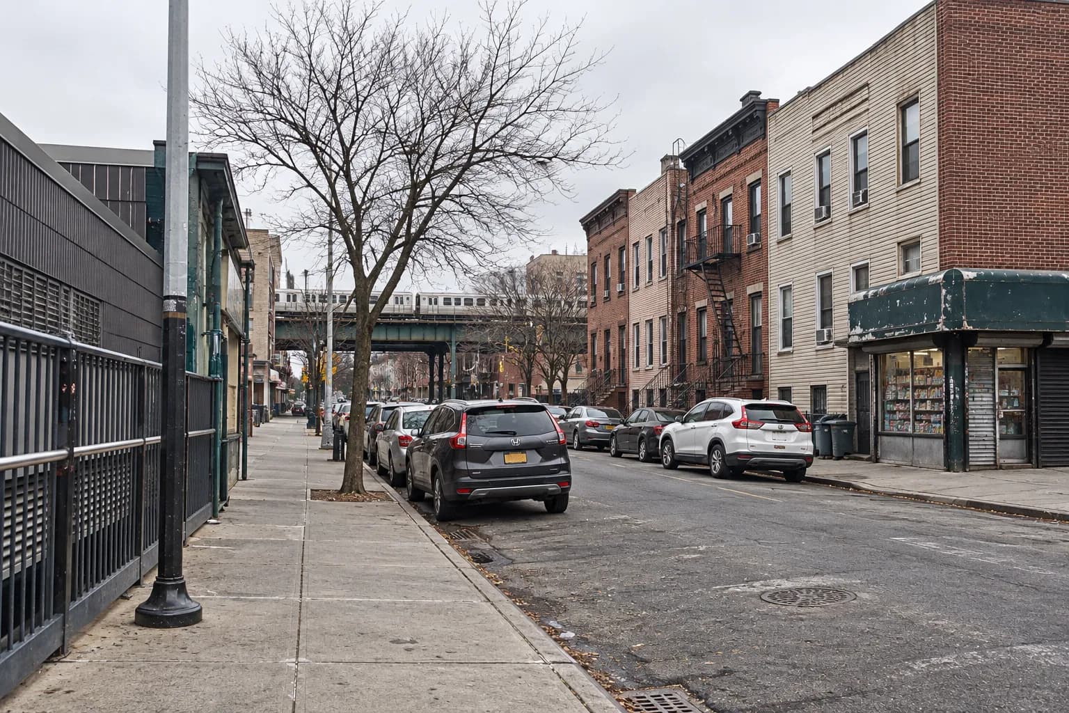 Low-rise Brooklyn side street with two- and three-storey brick buildings, fire escapes and a corner shopfront under flat overcast light