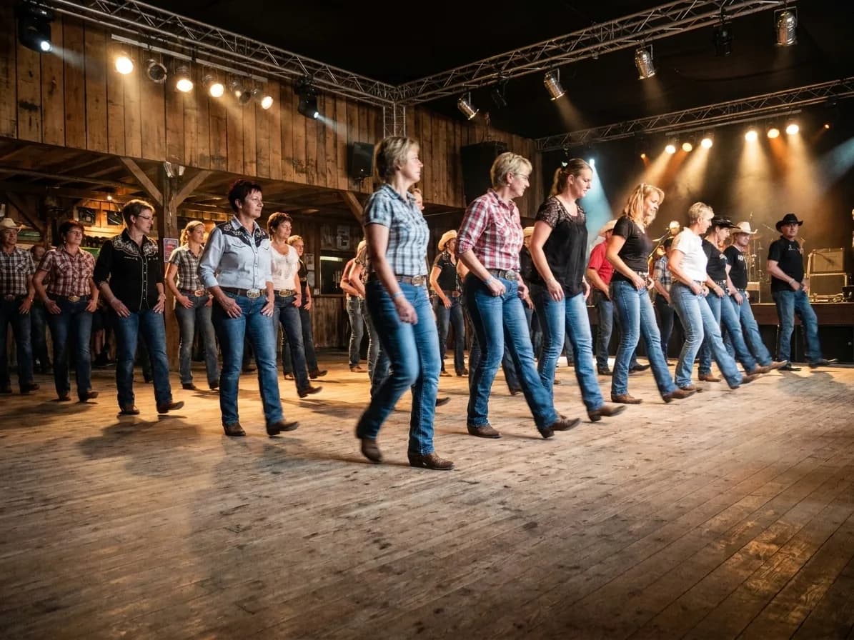 A large group mid-step on a wooden country bar dance floor