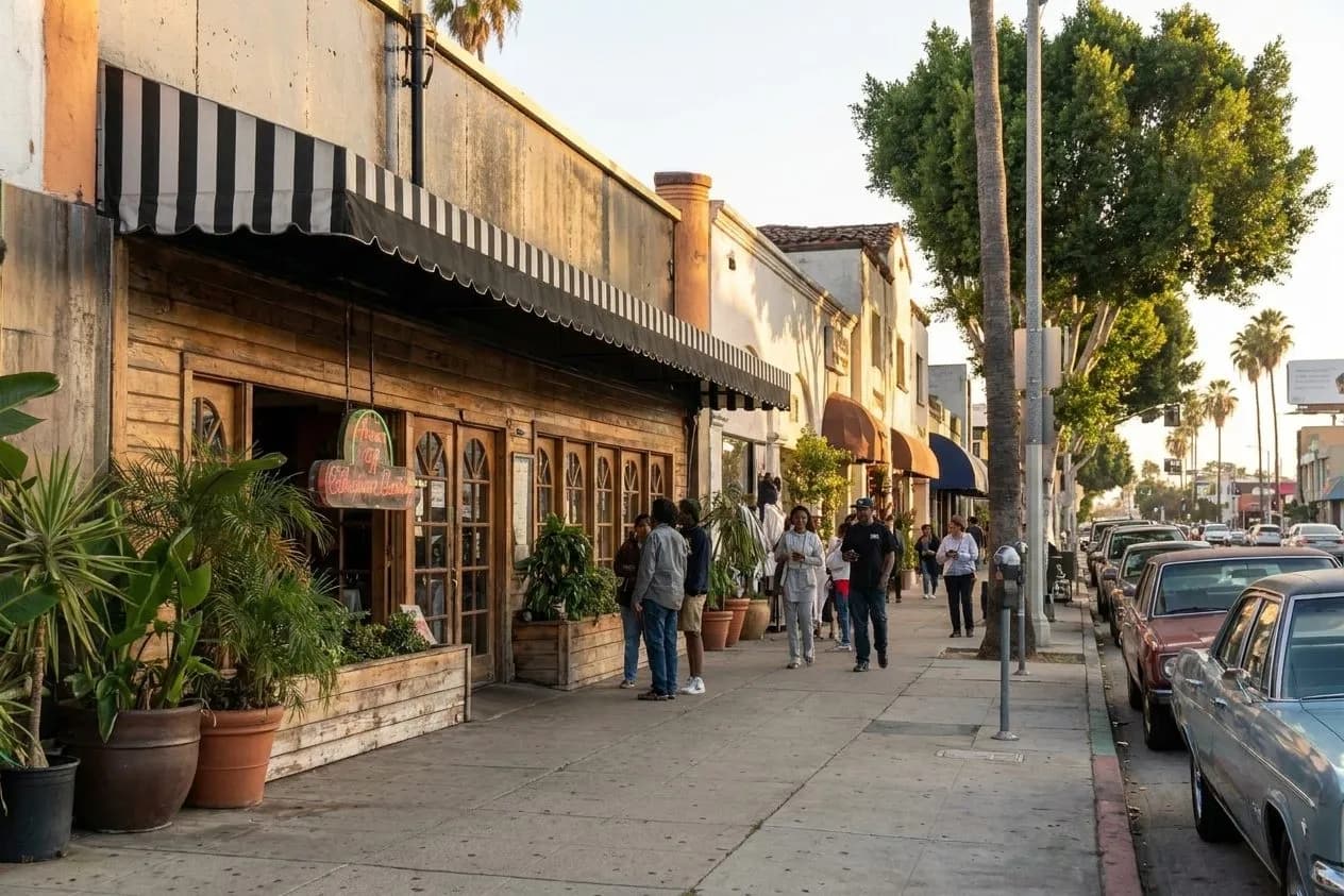 Storefronts and sidewalk life in Little Ethiopia on Fairfax in Los Angeles