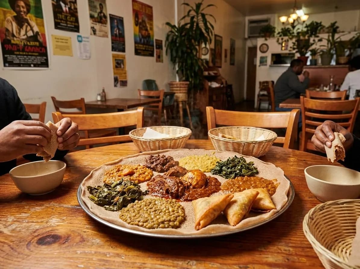 Injera platter with stews and sides at a Little Ethiopia restaurant