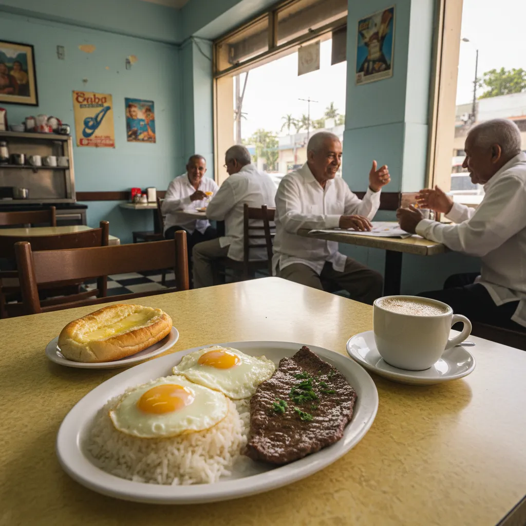 Cuban cafeteria breakfast in Little Havana with fried eggs, palomilla steak, pan cubano, and cafe con leche on a formica table