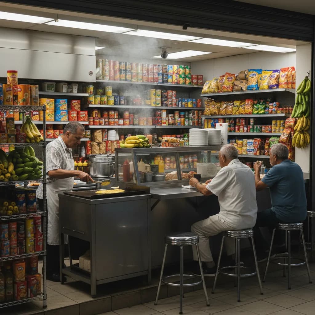 Cook flipping an omelette at a small lunch counter inside a Latin grocery store in Miami with locals eating Cuban toast on stools