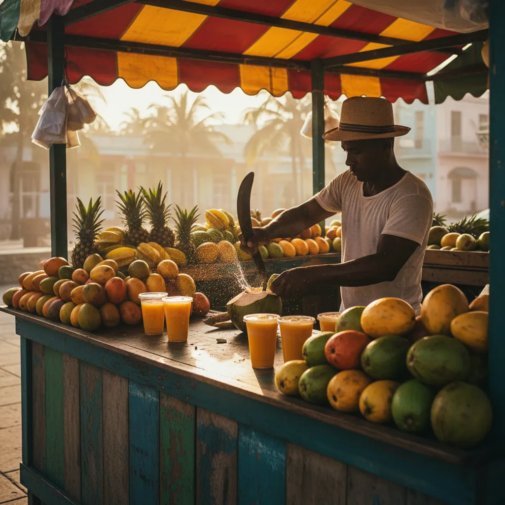 Open-air Cuban juice stand in Miami with tropical fruit piled high, fresh mango and papaya juice, and a worker splitting a green coconut
