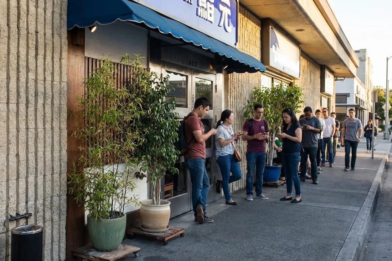 Sidewalk scene outside a classic sushi spot in Little Tokyo, Los Angeles