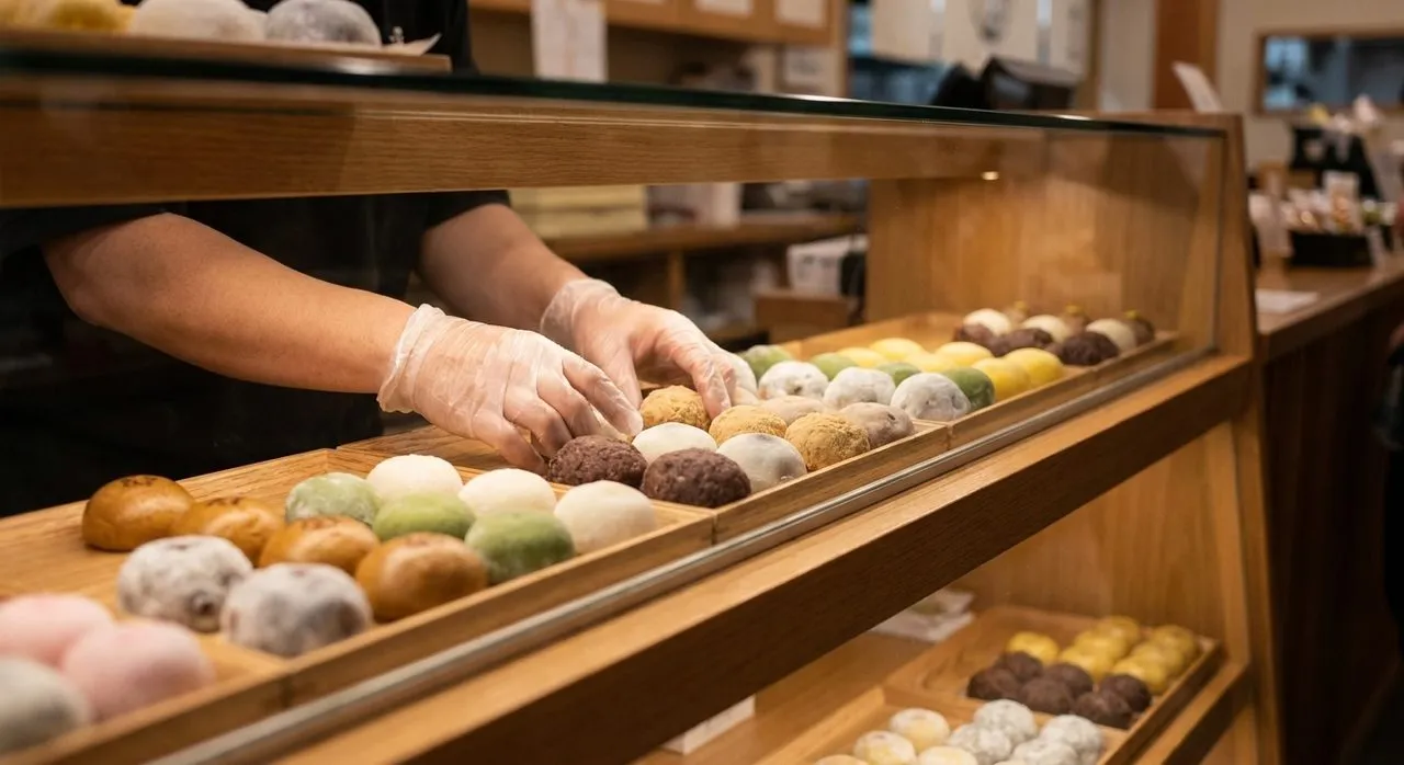 Assorted mochi and confections in a Little Tokyo sweets case