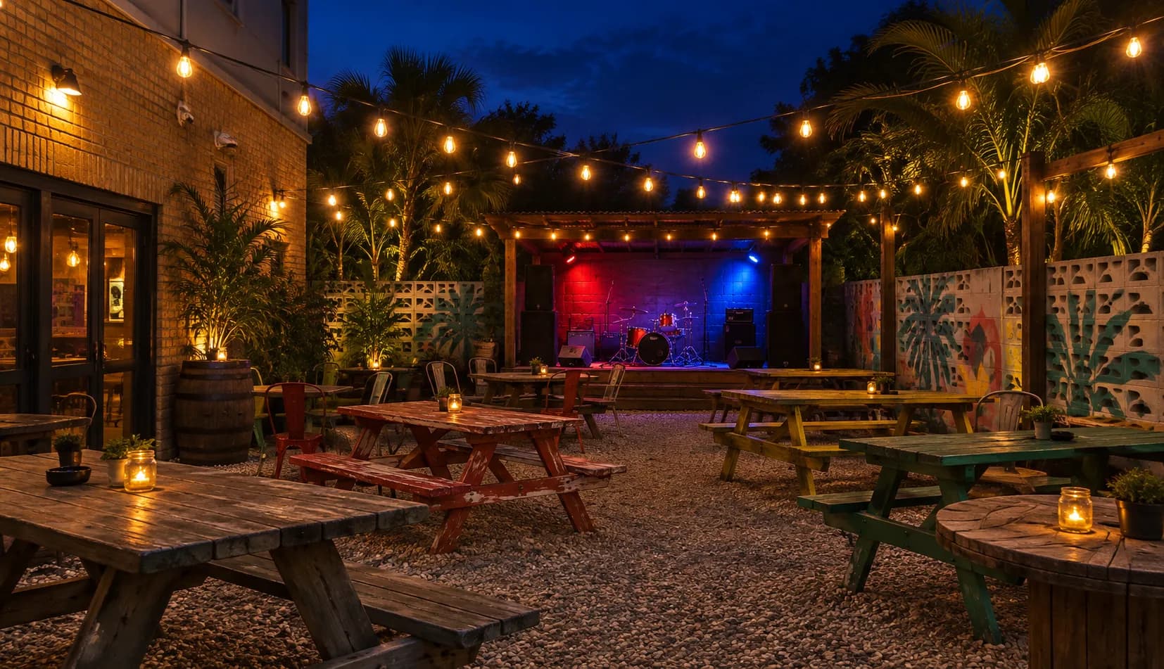 A dive bar backyard with picnic tables, string lights and a small stage under a canopy