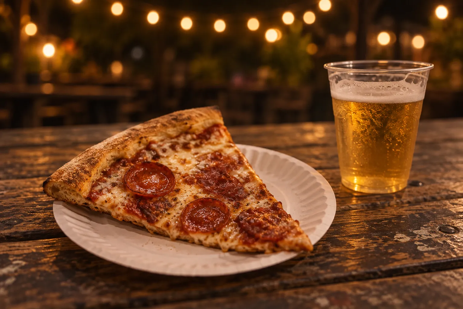 A slice of pizza on a paper plate held beside a plastic cup of beer on a picnic table