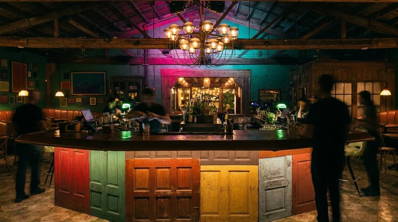 A nightclub's octagonal bar built from salvaged panelled doors painted red, green, terracotta and yellow, under a globe chandelier and a pine truss ceiling washed in magenta and teal stage light