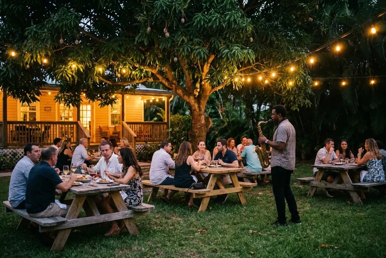 A saxophonist playing on the grass beside mismatched tables in a Miami garden bar, twenty seated people under string lights in a mango tree