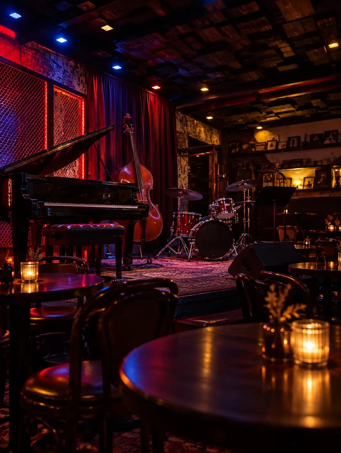 A low-ceilinged basement jazz club with a small stage, a grand piano and closely packed tables