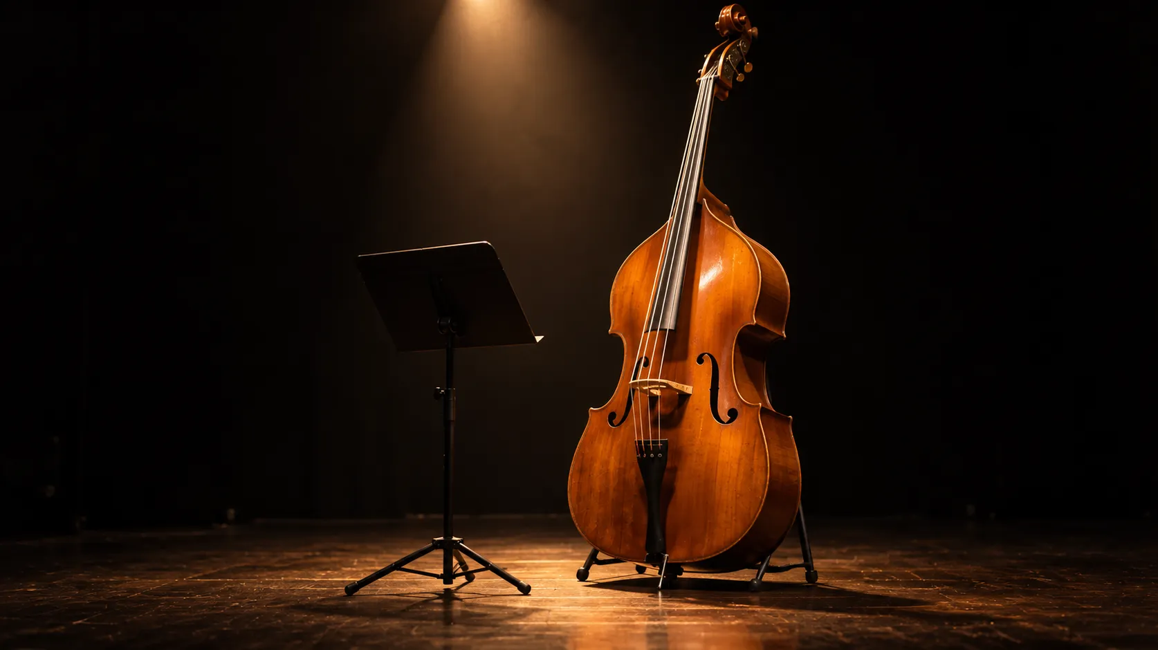 A double bass and a music stand on an empty stage under a single warm spotlight