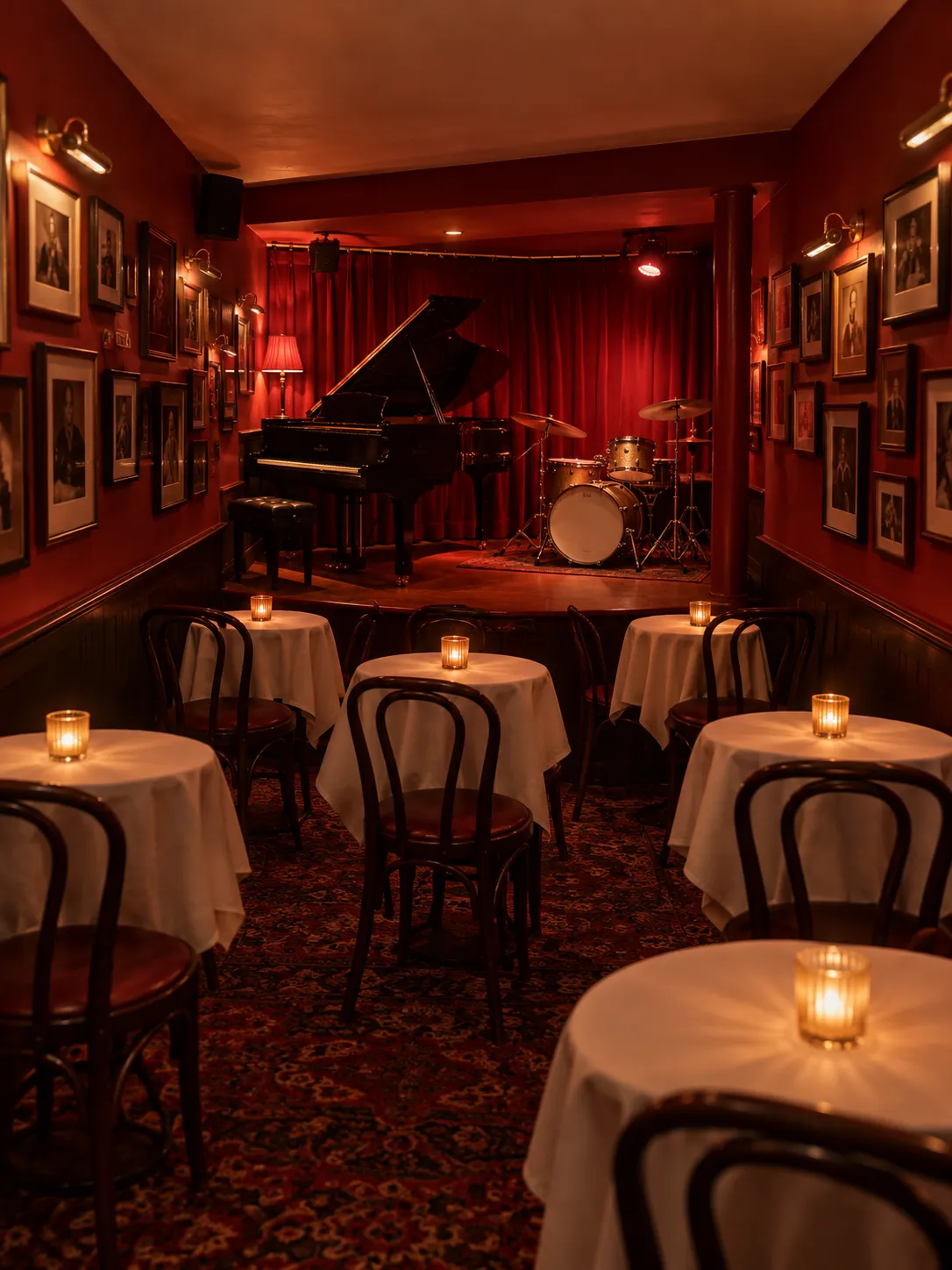 A red-walled basement room with a small corner stage and rows of small tables