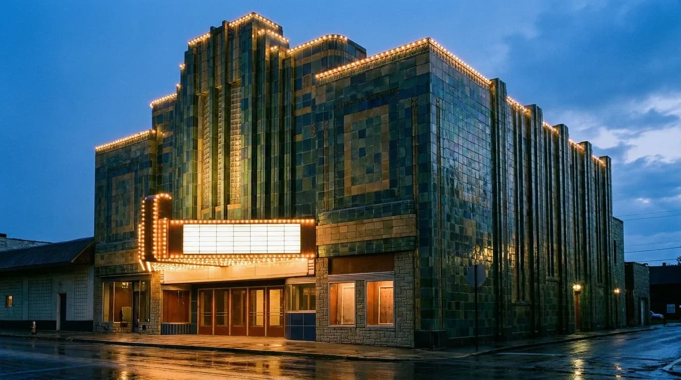 A tall Art Deco theatre building on a city corner at dusk with a blank marquee canopy edged in bare bulbs