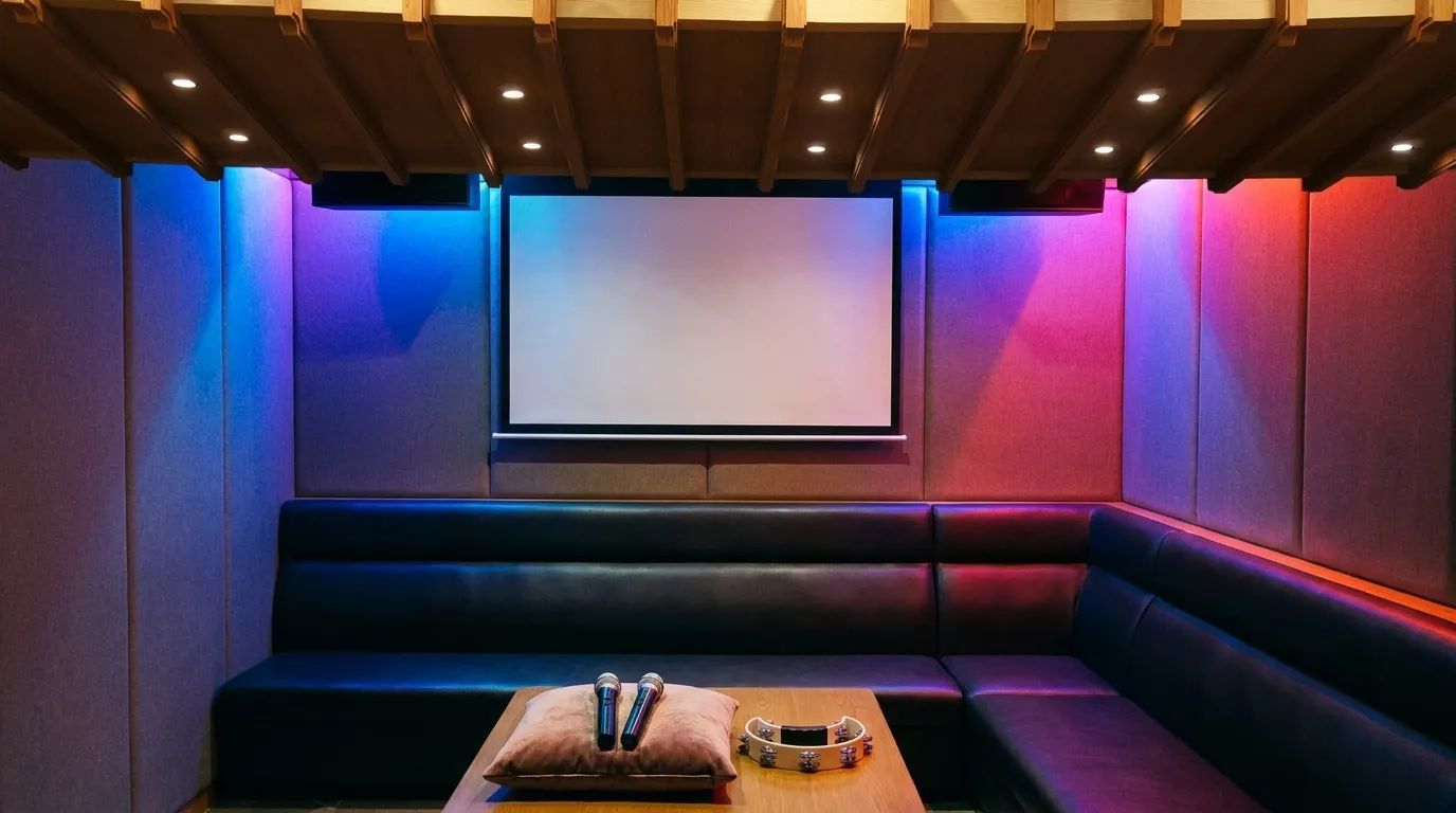 A small private singing room with a padded bench, low table, wall screen and two microphones resting on a cushion