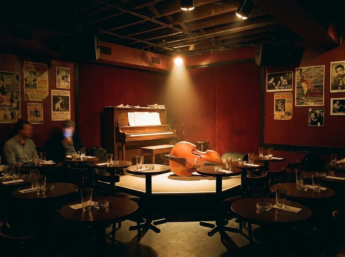 A dim basement jazz club with a low stage, upright piano and closely packed small tables