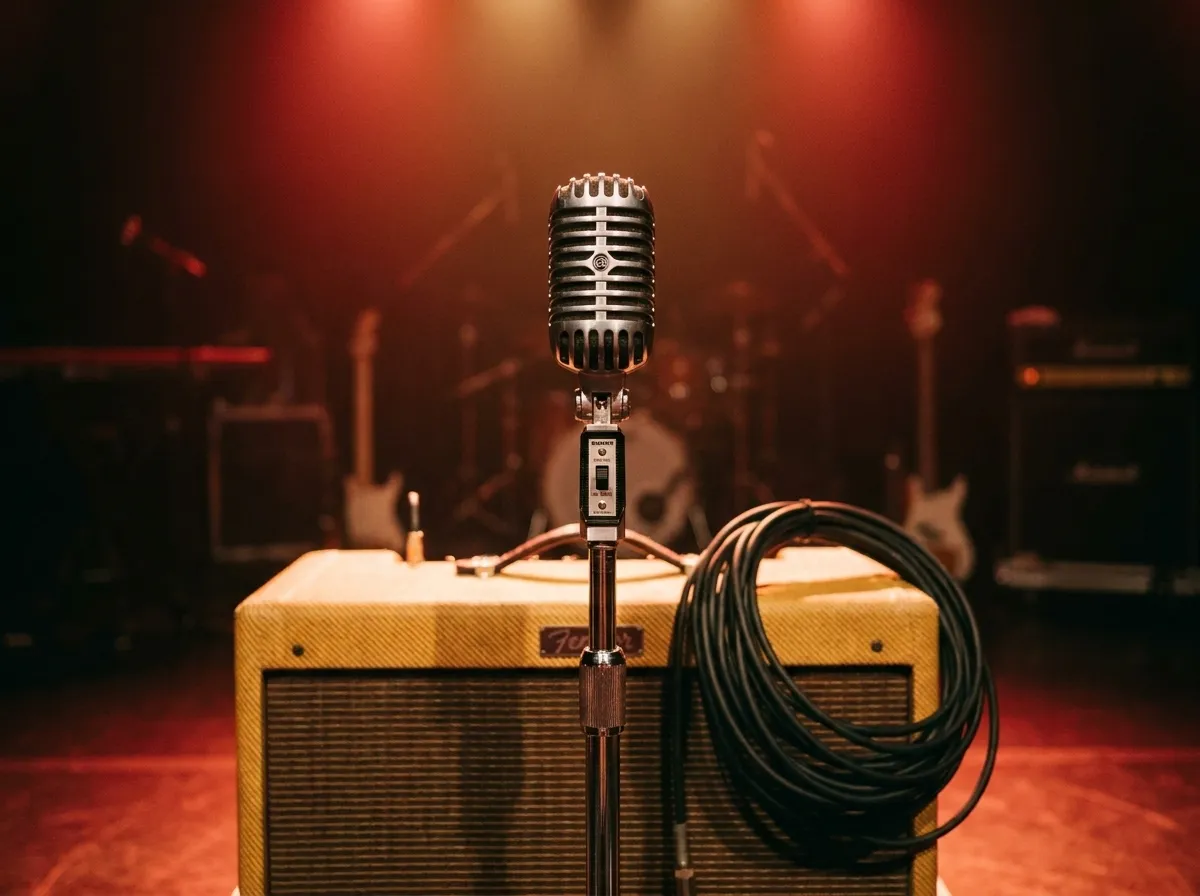 A small stage in a dark room with a microphone stand, amplifier and warm coloured lighting before a show