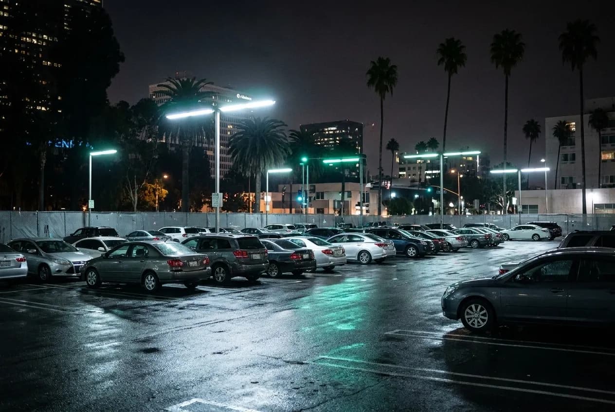 Commercial parking lot in Los Angeles at night with parked cars and overhead lights