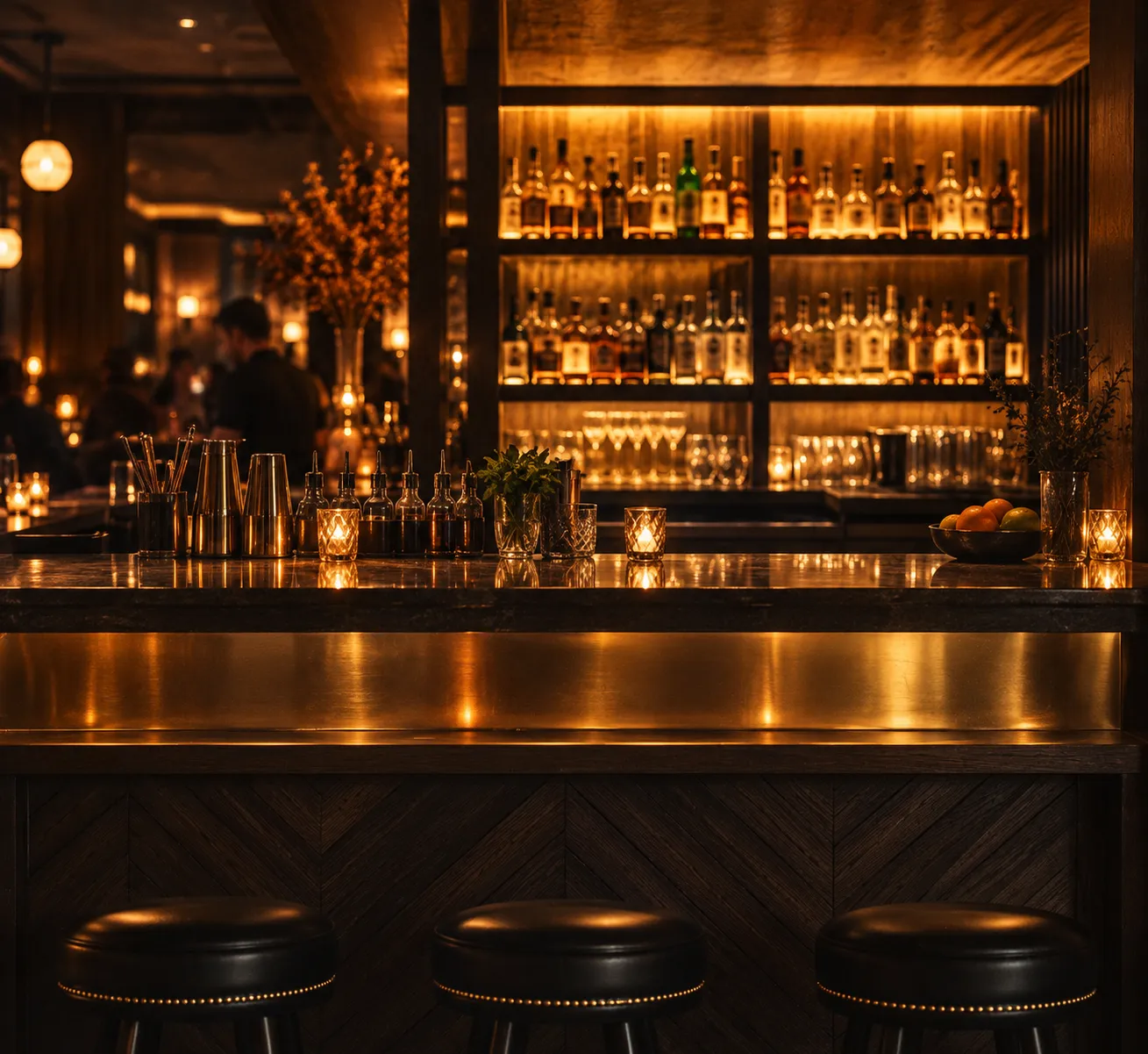 A dimly lit amber bar interior with bottles backlit behind a counter