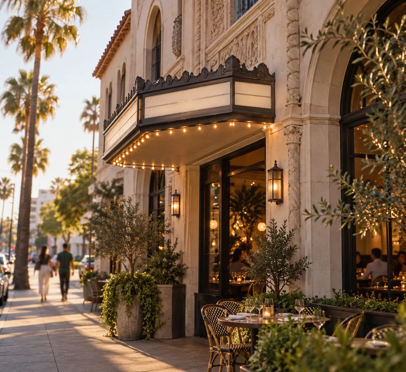 A converted 1920s building facade on a Los Angeles boulevard with a small marquee