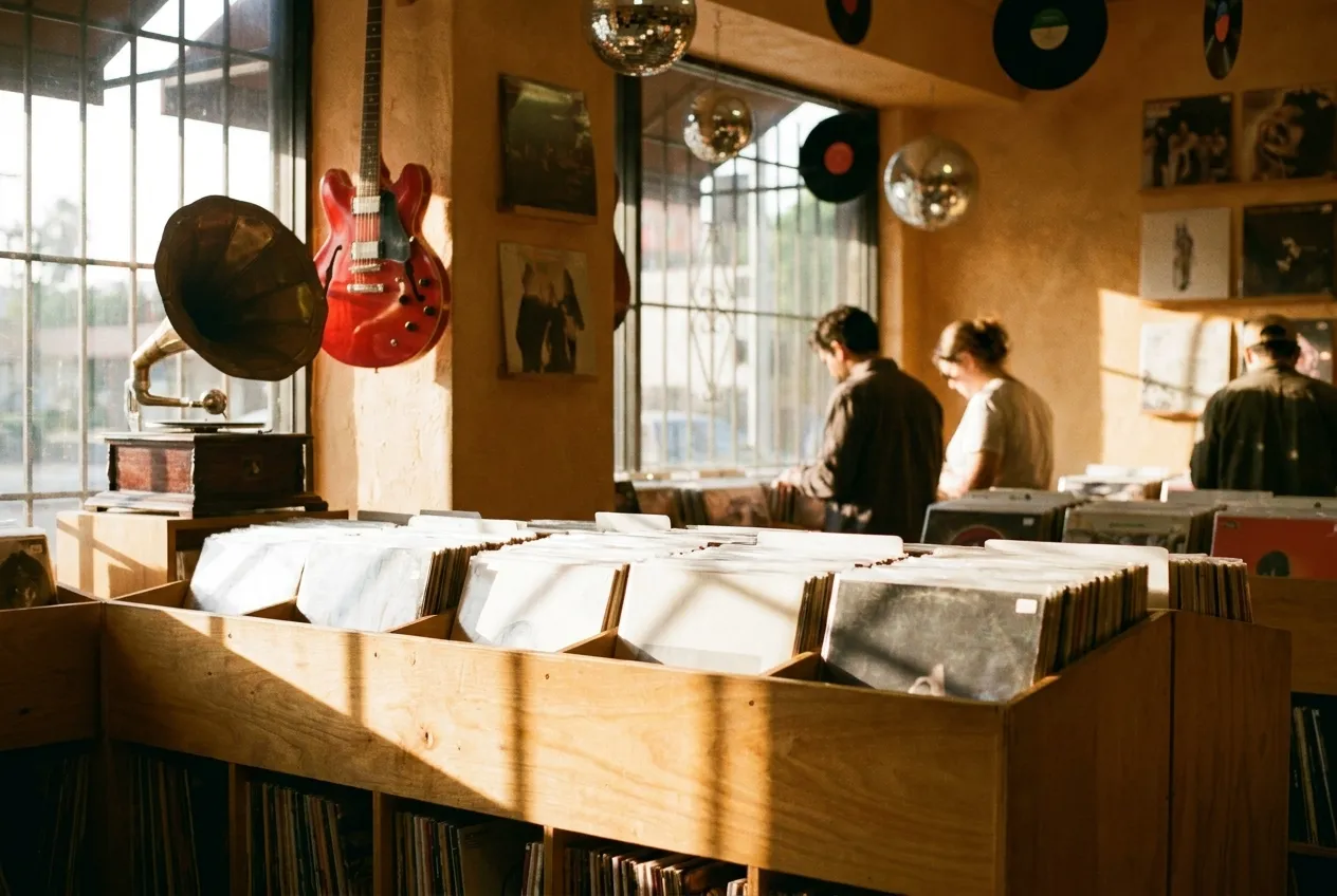 Interior of Los Angeles record store with vinyl bins and afternoon sunlight