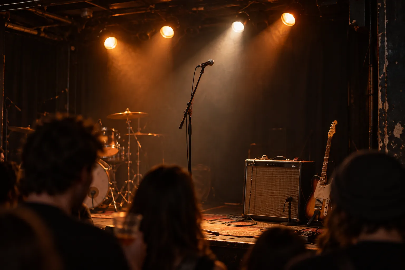 A microphone stand and guitar amp on a small club stage lit from above
