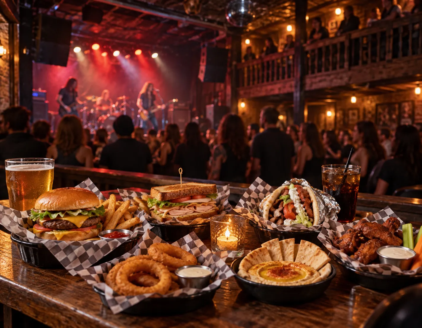 A compact rock club interior with a low stage, wooden balcony and standing floor area