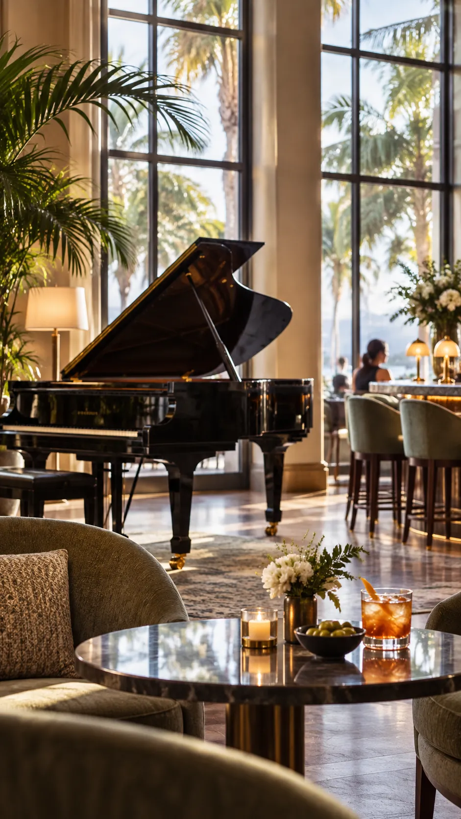 A grand piano in a hotel bar beside tall windows with palm fronds visible outside