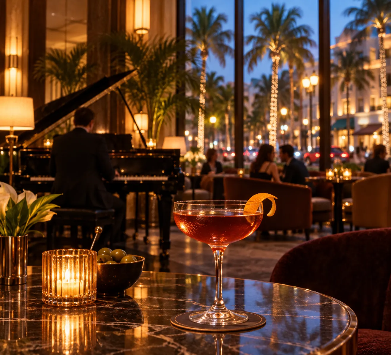 An elegant hotel piano bar with large windows onto a palm-lined street and warm evening lighting